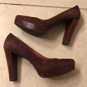 Calvin Klein velvet burgundy high heels with snakeskin texture heel & platform